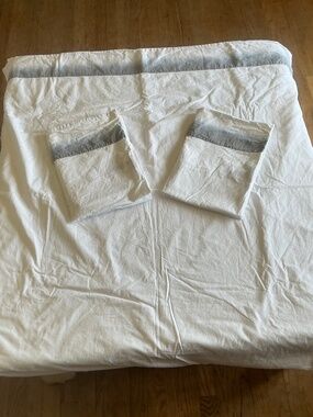 Pottery Barn Teen Organic Cotton Blu Ombre Border Queen Flat Sheet + pillowcases